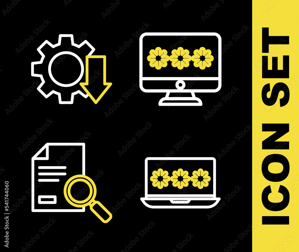 Poster set line monitor with password, laptop, document search and cost reduction icon. vector