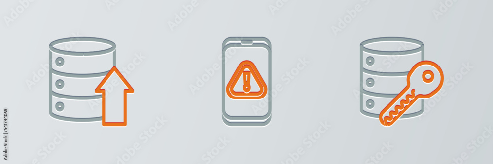 Poster set line server security with key, server, data, web hosting and mobile exclamation mark icon. vecto