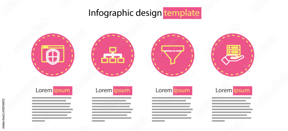 Poster set line sales funnel, server, data, web hosting, hierarchy organogram chart and browser with shield