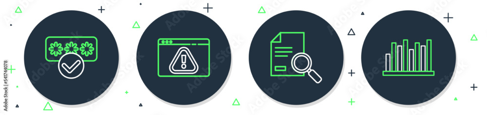 Aufkleber set line browser with exclamation mark, document search, password protection and pie chart infograph