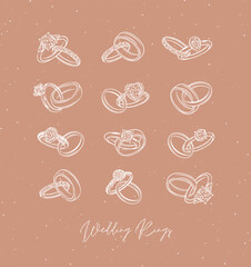 Wedding and engagement ring drawing in vintage graphic style on beige background