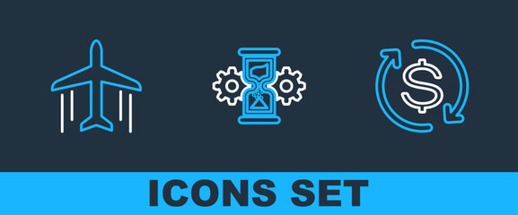 Set line Return of investment, Plane and Hourglass and gear icon. Vector