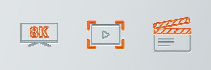 Set line Movie clapper, Screen tv with 8k and Online play video icon. Vector