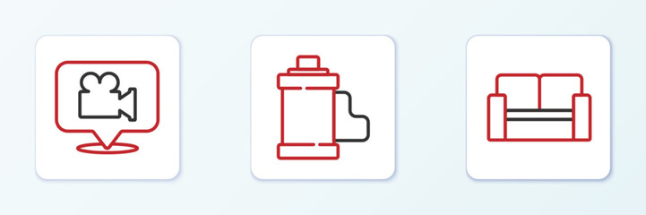 Set line Cinema chair, Camera and location and film roll cartridge icon. Vector