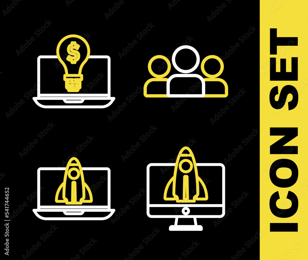 Poster set line users group, startup project concept, and light bulb with dollar laptop icon. vector