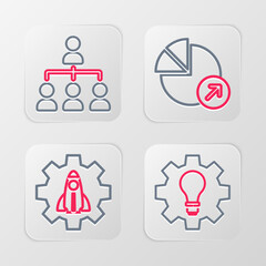 Set line Light bulb and gear, Startup project concept, Financial growth and Hierarchy organogram chart icon. Vector