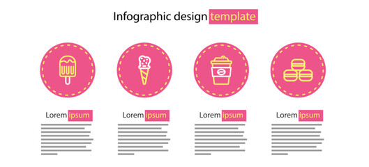 Set line Coffee cup to go, Macaron cookie, Ice cream in waffle cone and icon. Vector