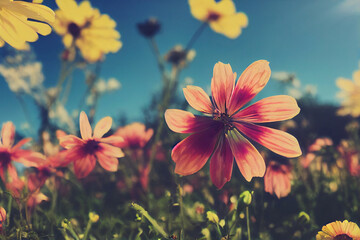 A bunch of flowers on a sunny day with a meadow background