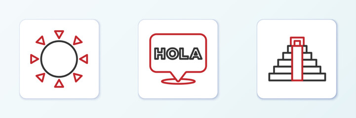 Set line Chichen Itza in Mayan, Sun and Hola icon. Vector
