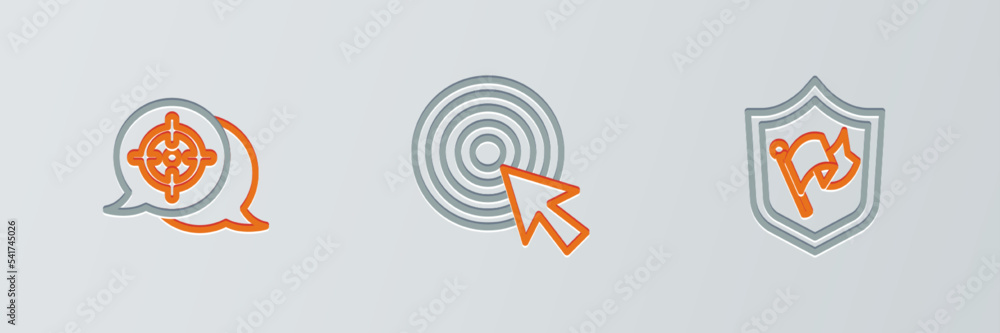 Poster set line shield with flag, target and arrow icon. vector