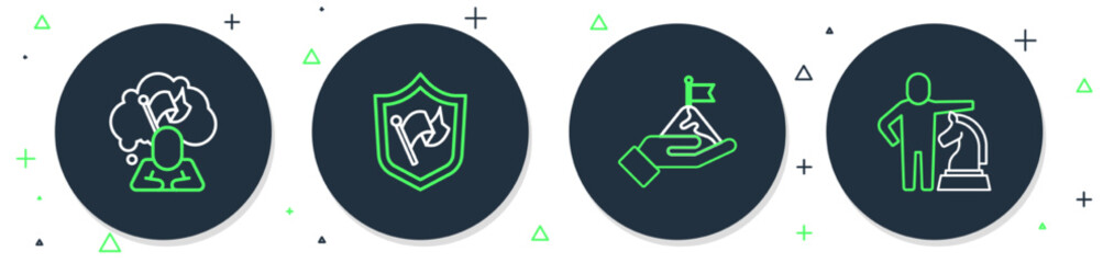 Set line Shield with flag, Mountains, Man holding and Chess icon. Vector