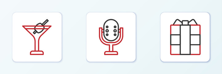 Set line Gift box, Martini glass and Microphone icon. Vector