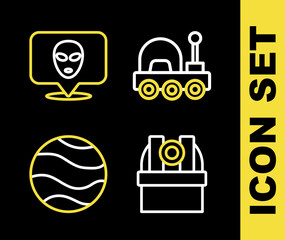 Set line Mars rover, Astronomical observatory, Planet and Alien icon. Vector