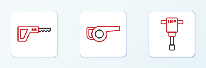Set line Construction jackhammer, Reciprocating saw and Leaf garden blower icon. Vector
