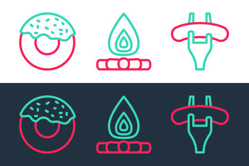 Set line Sausage on the fork, Donut and Campfire icon. Vector
