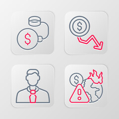 Set line Global economic crisis, Worker, Dollar rate decrease and Debt ball chained to coin icon. Vector