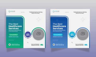 Medical healthcare social media post design and square web banner template