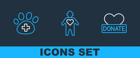Set line Donation and charity, Veterinary clinic and Volunteer icon. Vector