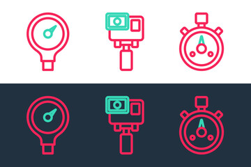 Set line Stopwatch, Gauge scale and Action extreme camera icon. Vector