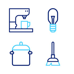 Set line Handle broom, Cooking pot, Light bulb and Coffee machine icon. Vector