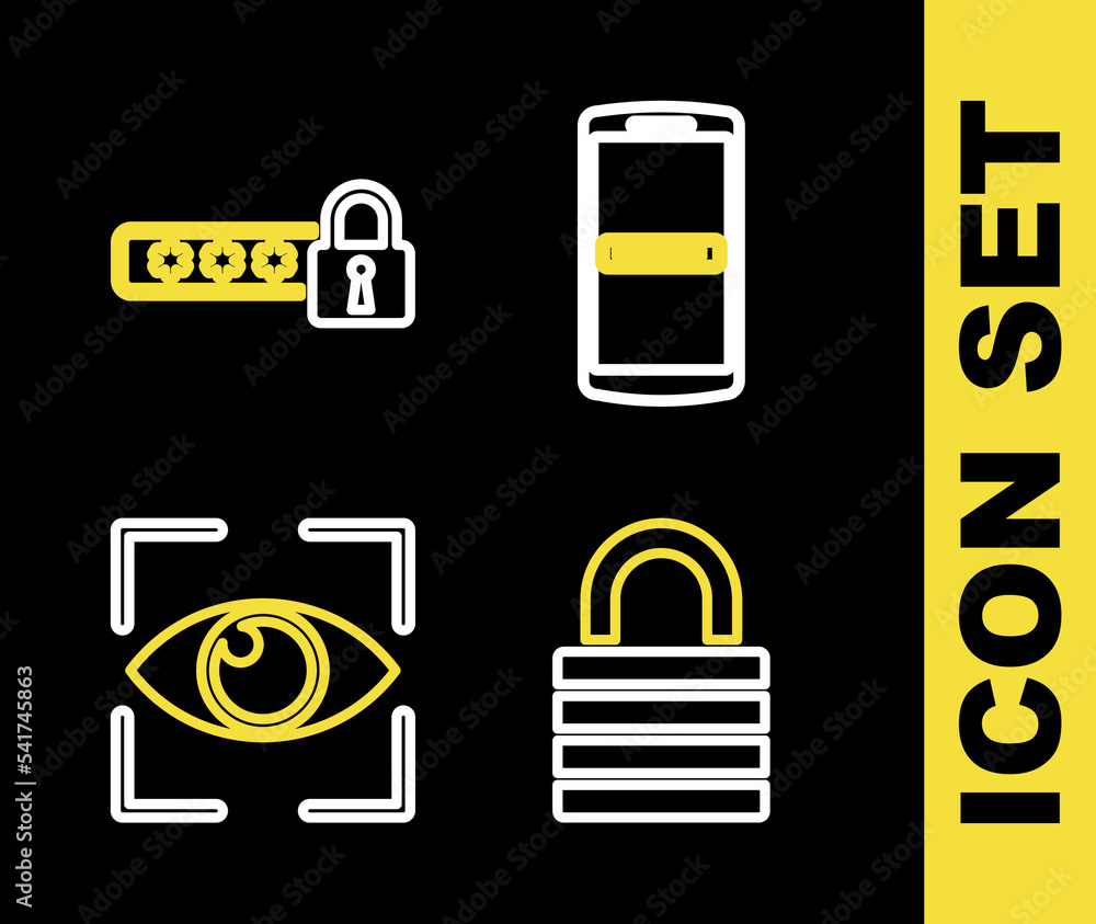 Poster set line mobile and password, lock, eye scan and password protection icon. vector