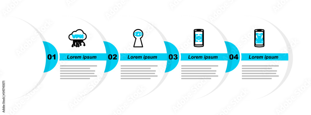 Poster set line mobile and face recognition, eye scan, keyhole with and cloud vpn interface icon. vector