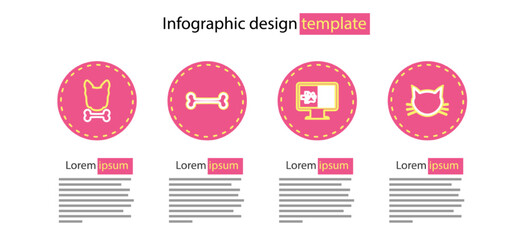 Set line Clinical record pet on monitor, Cat, Dog bone and and icon. Vector