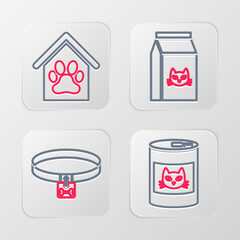 Set line Canned food for cat, Dog collar, Bag of and house and paw print pet icon. Vector