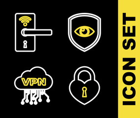 Set line Shield and eye, Castle in the shape of heart, Cloud VPN interface and Digital door lock with wireless icon. Vector