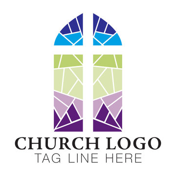 Church logo with stained glass window. Church icon with mosaic tiled window and cross.