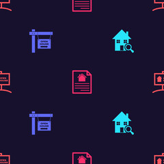 Set Search house, Hanging sign with Open, House contract and on seamless pattern. Vector