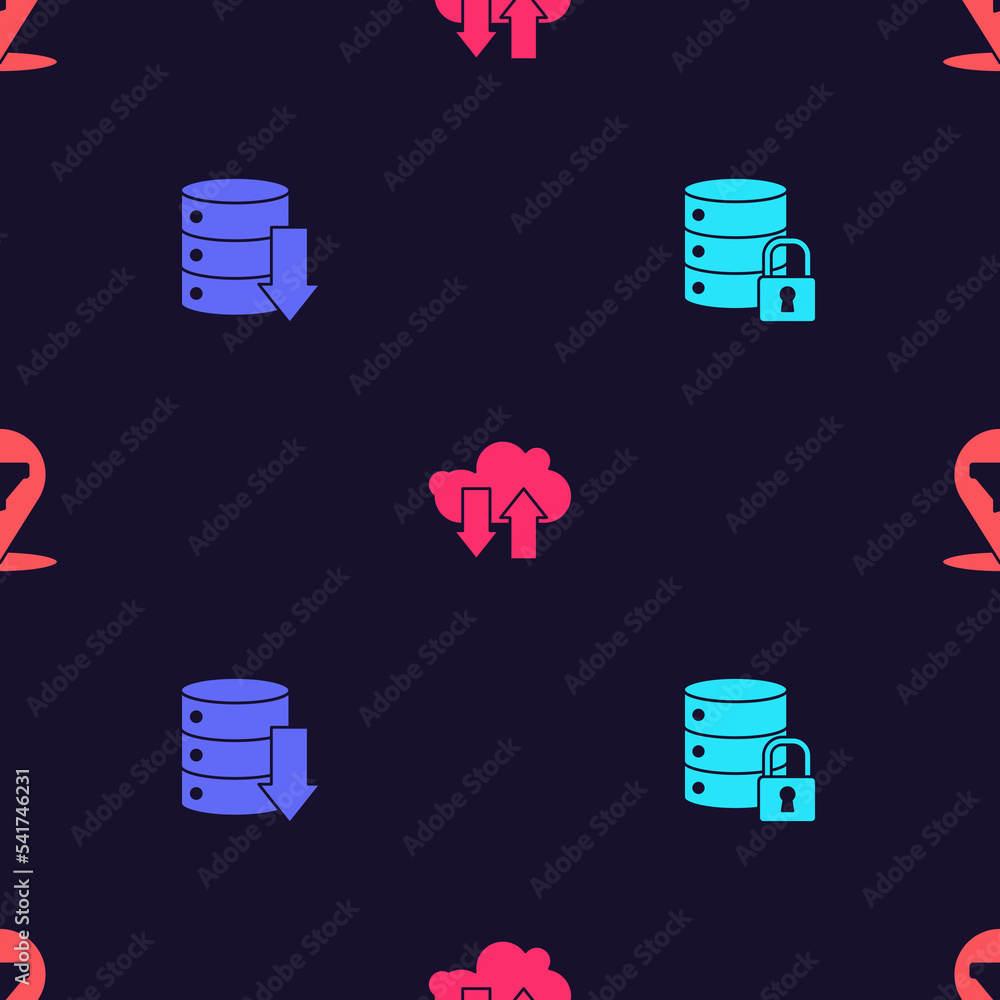 Poster set server security with lock, server, data, web hosting, cloud download and upload and location sal
