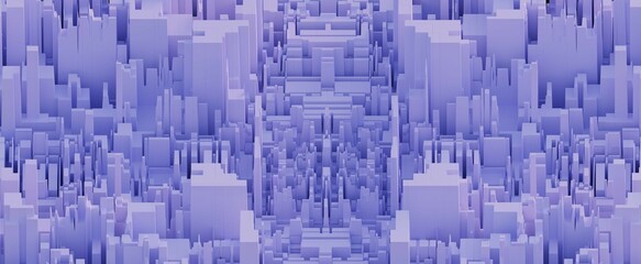Minimalistic purple metropolis top view background. Simple cityscape with 3d render of skyscrapers and architectural buildings in modern style. Panorama banner of industrialcity