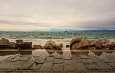 High water on the waterfront of Piran town in Slovenia in mid September
