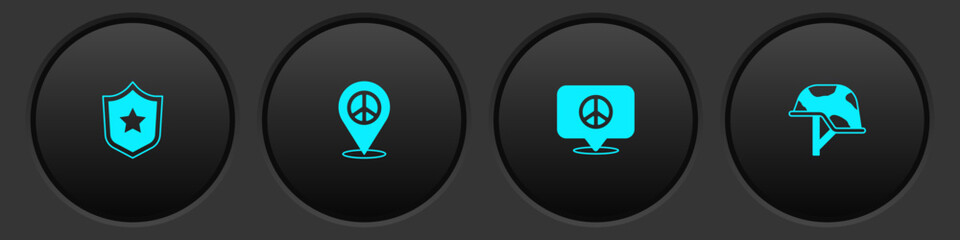 Set Police badge, Location peace, and Military helmet icon. Vector
