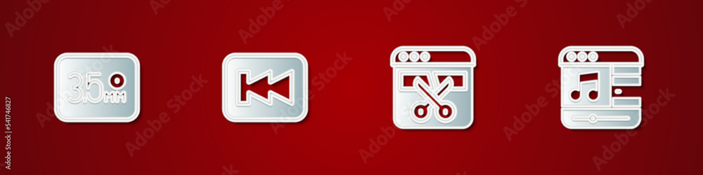Poster set audio jack, rewind button, video recorder or editor and music player icon. vector