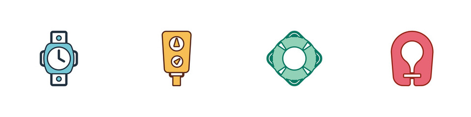 Set Diving watch, Gauge scale, Lifebuoy and jacket icon. Vector