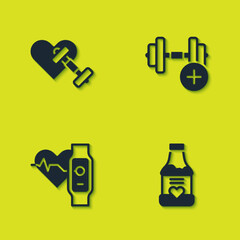 Set Dumbbell with heart, Vitamins, Smart watch and icon. Vector