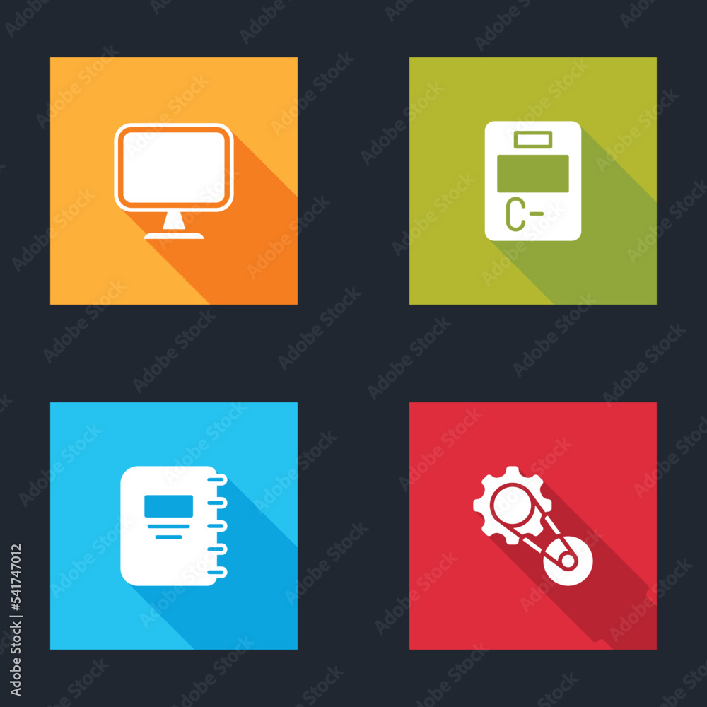 Wall mural set computer monitor, exam paper with incorrect answers, notebook and timing belt kit icon. vector