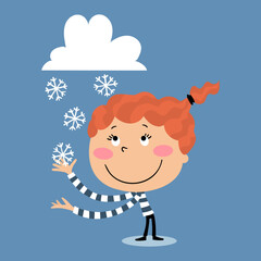 Illustration of a girl under a snow cloud, touching the snowflakes