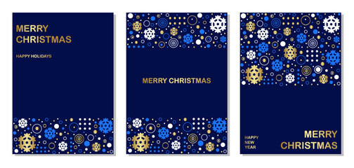 Collection of holiday cards and invitations with Merry Christmas and a Happy New Year. Template with snowflakes, dots, circles and copy space on dark blue background. Vector illustration.