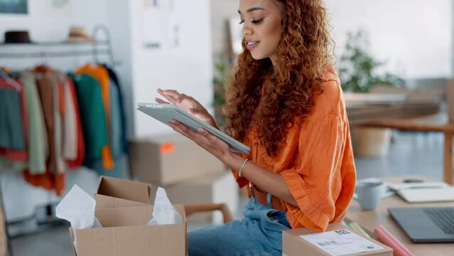 Fashion designer, tablet or logistics order boxes for retail shipping delivery or ecommerce online shopping. Smile, happy or small business woman with technology or packaging clothes boutique product