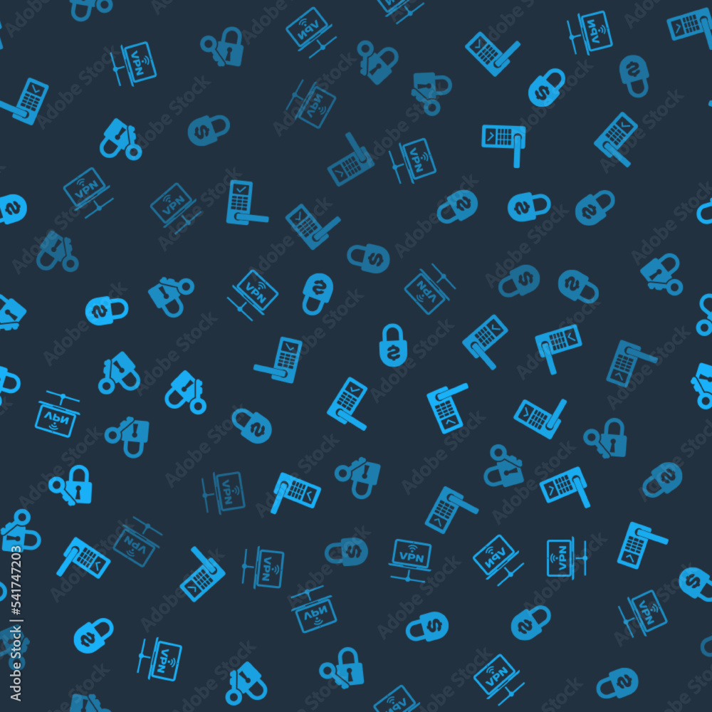 Poster Set VPN Computer network, Digital door lock with wireless, Money and Lock and key on seamless pattern. Vector