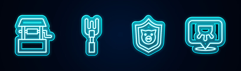 Set line Well, Garden rake, Shield with pig and Udder. Glowing neon icon. Vector