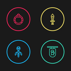 Set line Magic staff, Street signboard with Bar, Sword for game and stone ring icon. Vector