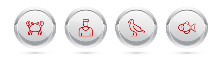 Set line Crab, Sailor captain, Bird seagull and Fish. Silver circle button. Vector