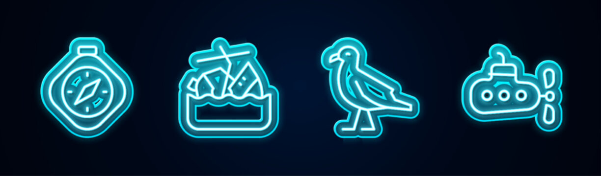 Set line Compass, Sinking cruise ship, Bird seagull and Submarine. Glowing neon icon. Vector