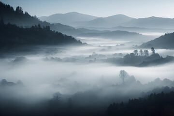 Mountains and valley blanketed in thick fog. 