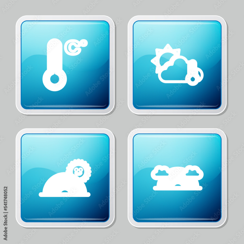 Poster set line meteorology thermometer, thermometer and cloud, sun, rainbow with and clouds icon. vector