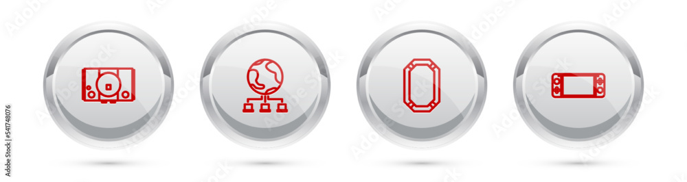 Poster set line video game console, computer network, poker table and portable video. silver circle button.